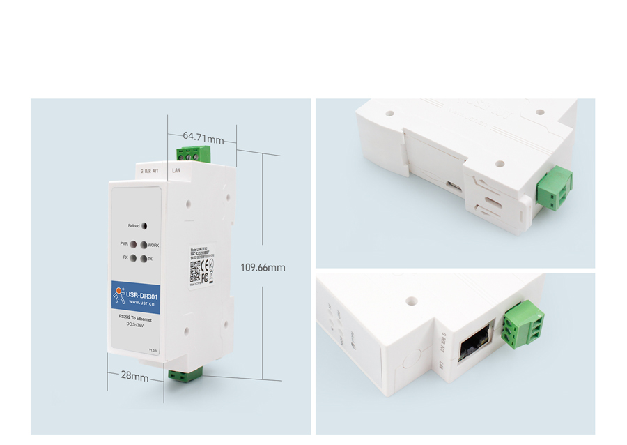 Product details of DIN-Rail RS232 serial to Ethernet converter: PC+ABSC material, portable, low cost, V0 flame retardant