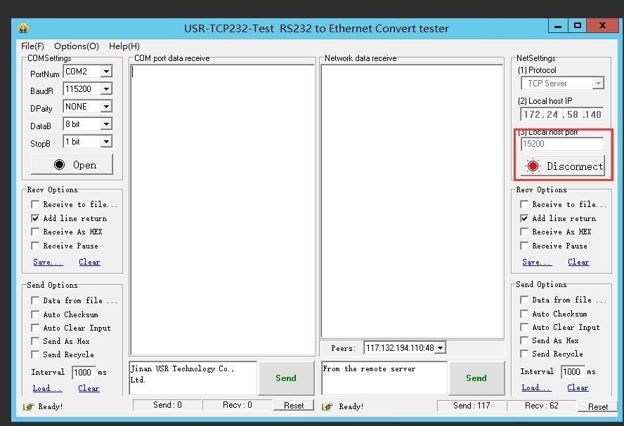 USR-DR504 connects to a remote server, open a listening port in the remote server