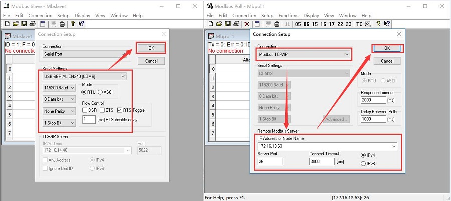 how to set the parameters of MODBUS RTU to MODBUS TCP function:  use MODBUS SLAVE and MODBUS POLL software for testing