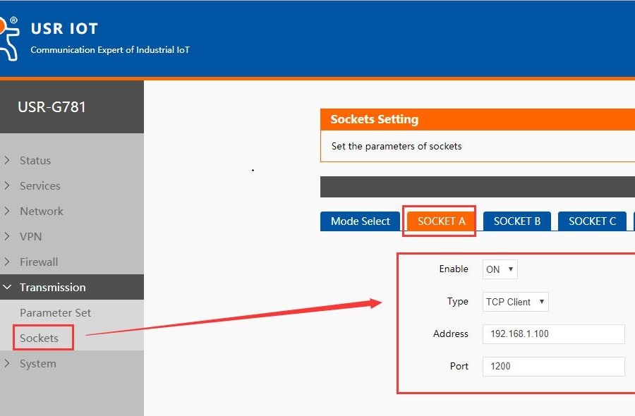 Set the work mode to MODBUS, TCP Client, the remote address is the IP address of the computer. Set the port to 1200.