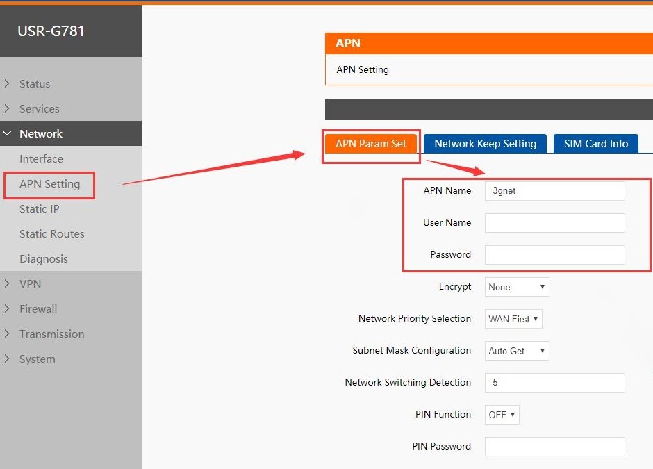 set the APN address, username and password on the built-in web page.