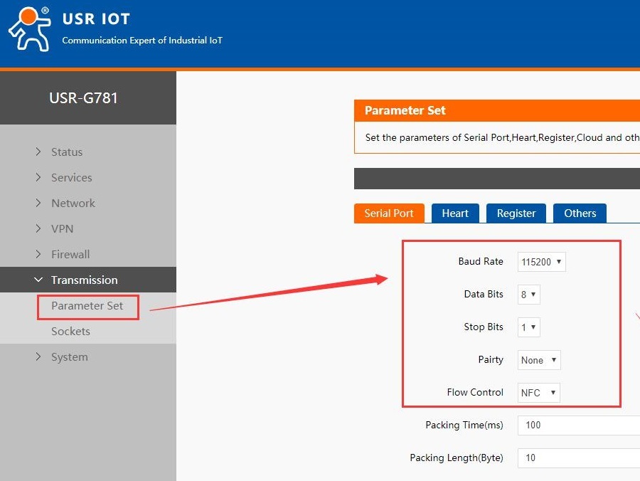 Set the serial port parameters