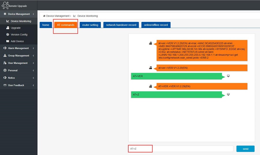 send AT command to query the firmware version or restart the device