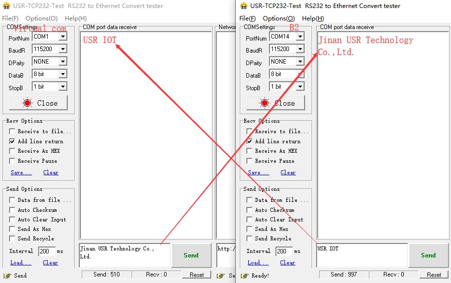 Open two serial assistant software and make transmissions: