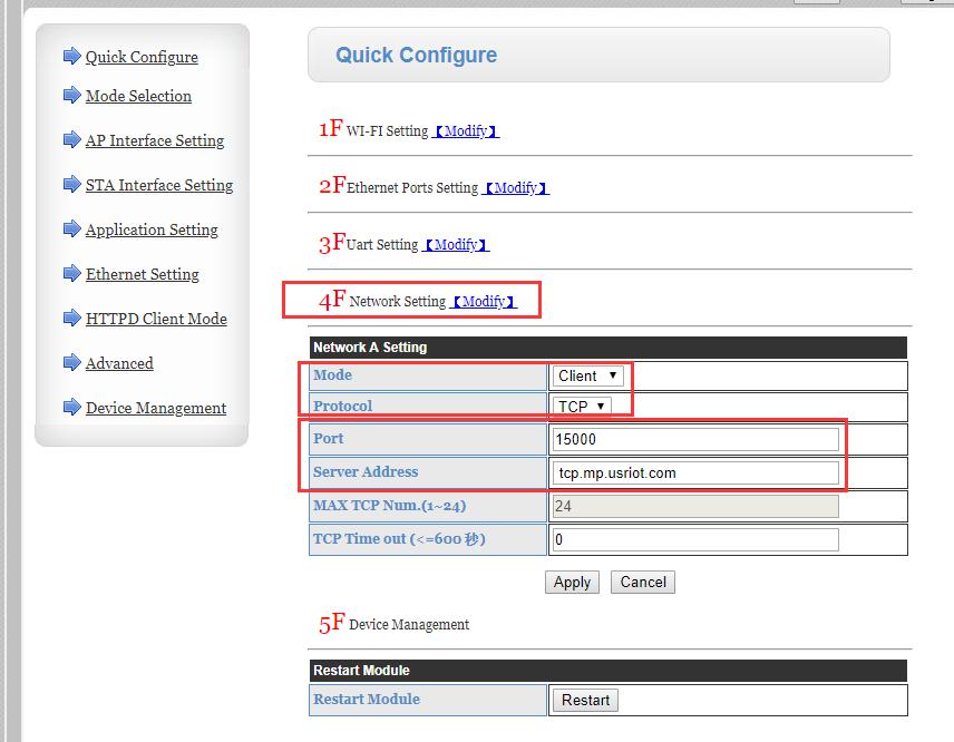 Login to built-in webpage:10.10.100.254 and then chose the port and Server address of USR IOT Cloud as follows