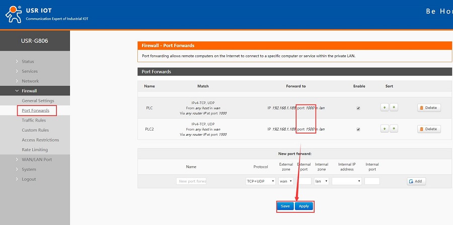 Port forwarding: Set the IP and two ports of the PLC.