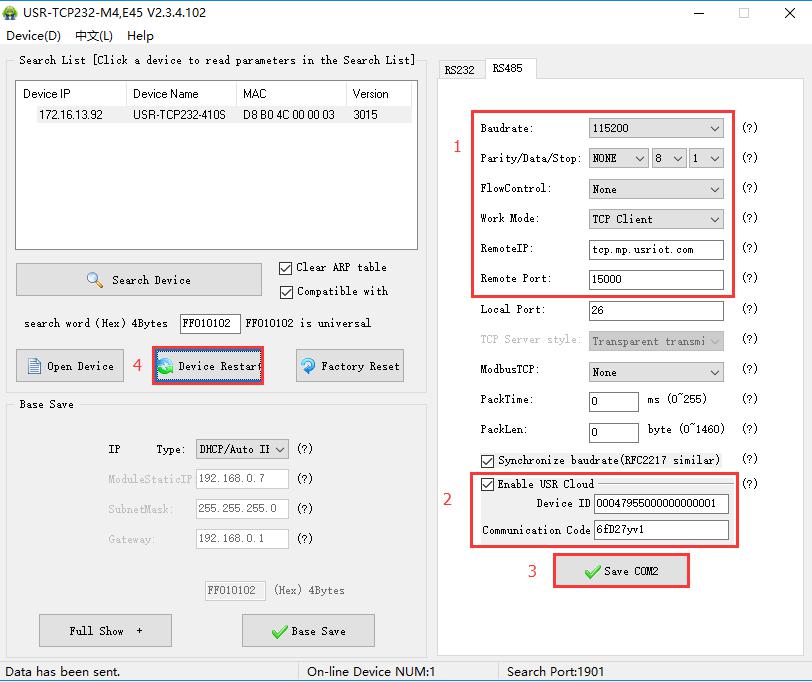 the generated device ID and password need to be filled in the 410S