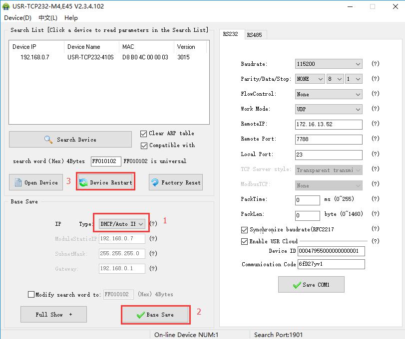 the generated device ID and password need to be filled in the 410S