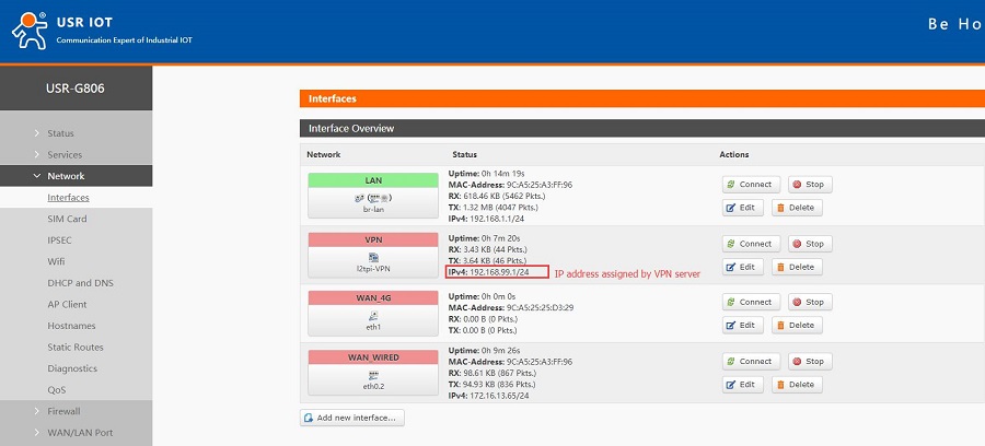 check the IP assigned by the VPN server in the "Interfaces"