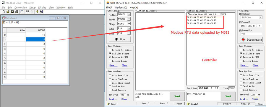  salve device sends MODBUS RTU data, we can also receive it in the controller