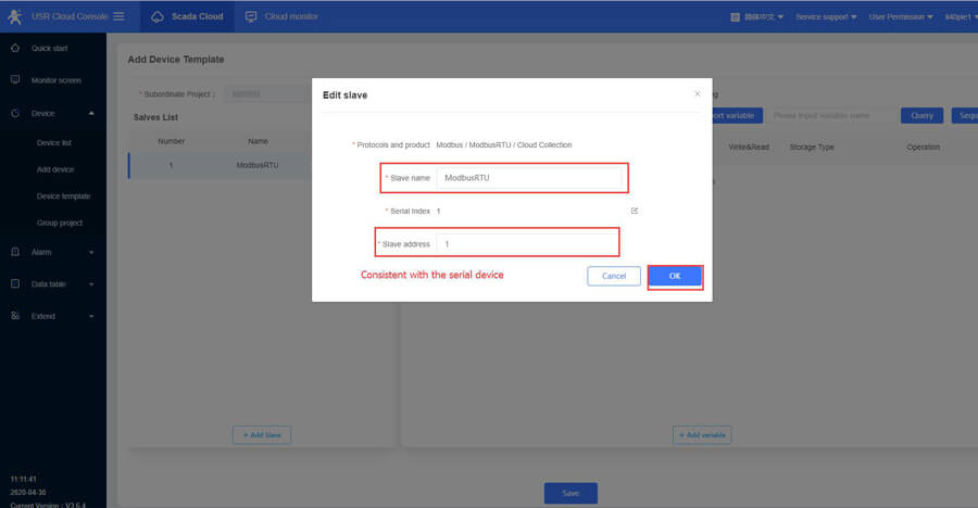 Configure the slave parameters