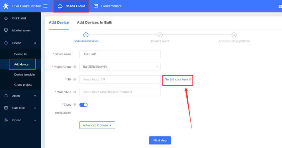 Add Device to USR Cloud console