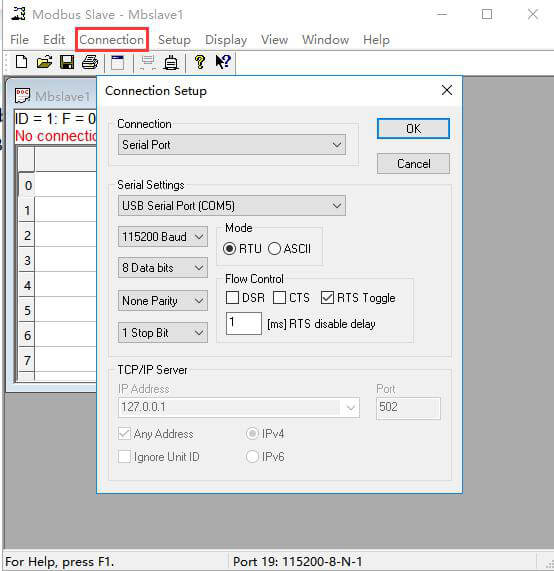 Used a MODBUS Slave software to simulate sending data from the serial port