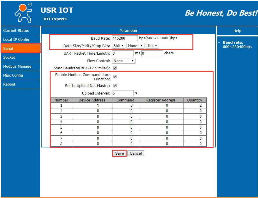 Set the serial port parameters and salve device information