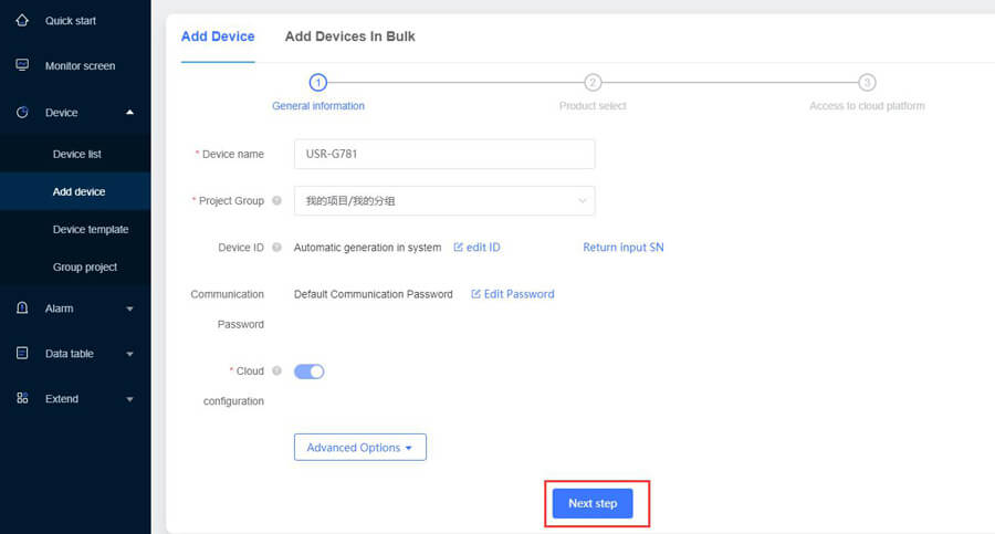 Add Device to USR Cloud console