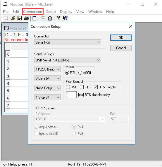 Used a MODBUS Slave software to simulate sending data from the serial port