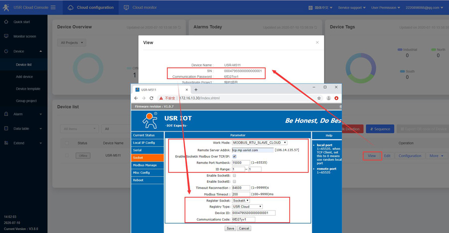 Set the work mode to MODBUS RTU SLAVE CLOUD