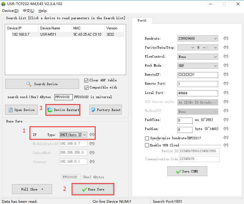 In M4 setup software, set the device to DHCP mode, click save, then restart the device