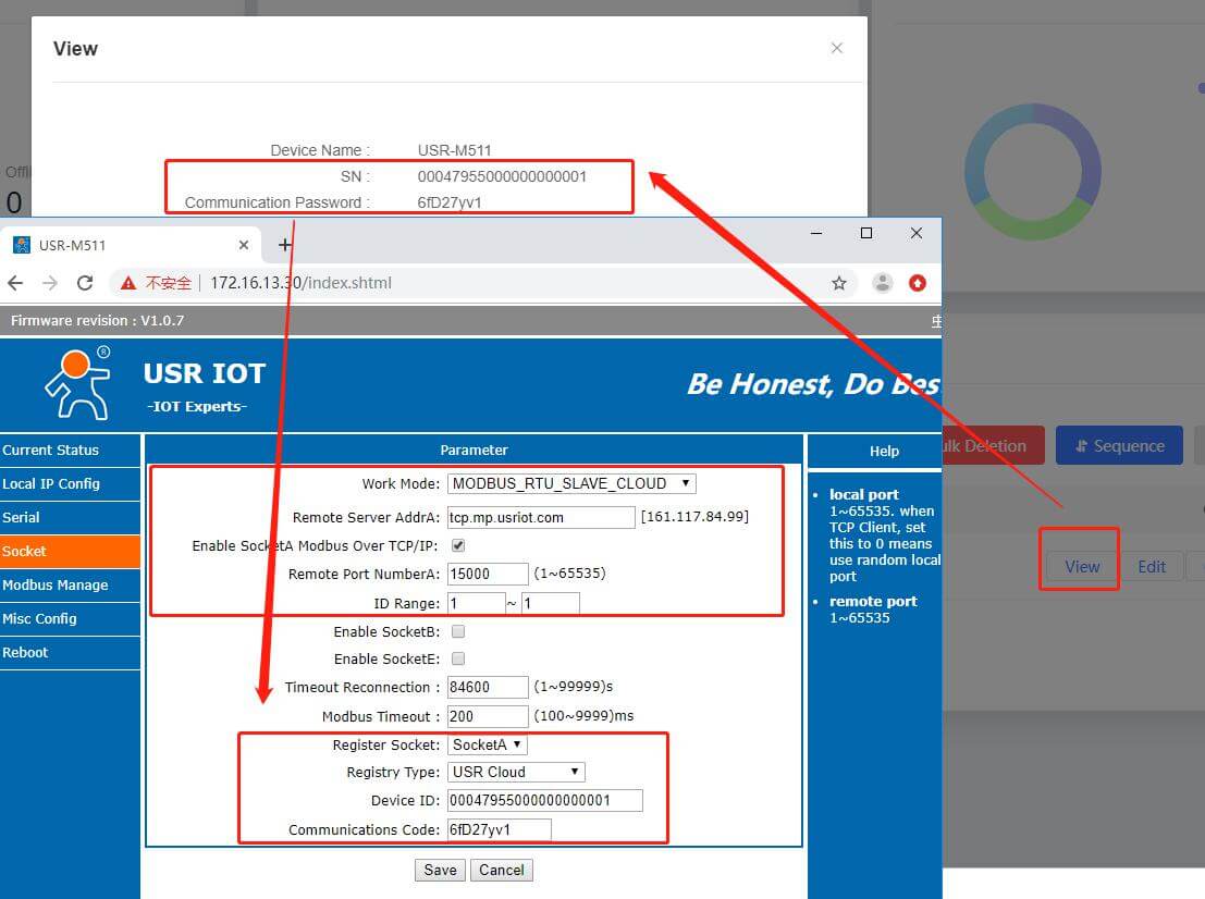 Set the work mode to MODBUS RTU SLAVE CLOUD