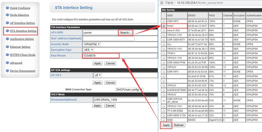 Click Apply, then fill in the password of the wifi. Set the security mode and encryption type