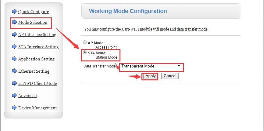 Change the work mode to STA. Click “Apply”