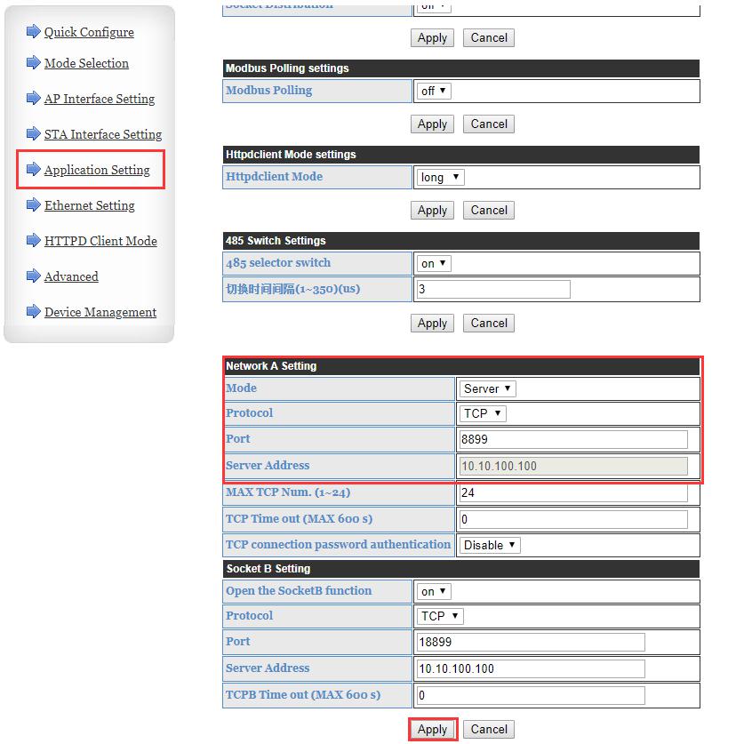  In the application setting, set the serial parameters of DR404, consistent with the real serial device. Set DR404 to TCP server, the local port is 8899, click Apply.