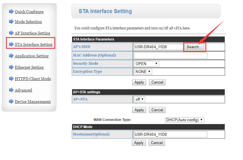 In STA Interface Setting, search the wifi of the router to be connected