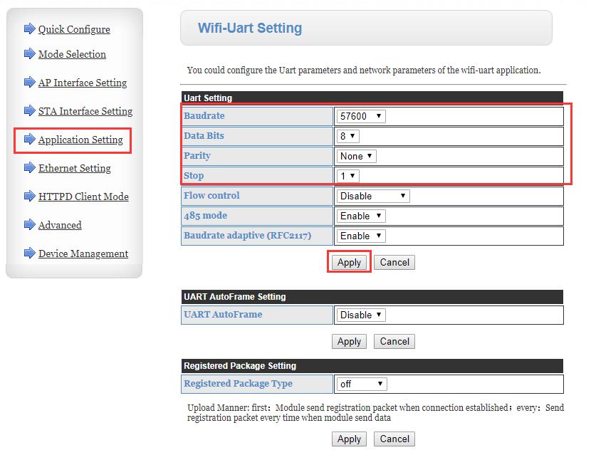  In the application setting, set the serial parameters of DR404, consistent with the real serial device. Set DR404 to TCP server, the local port is 8899, click Apply