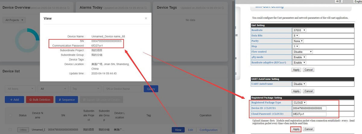 Set the serial parameters of W610 and the serial device to be consistent. Fill in the ID and password generated by USR Cloud.