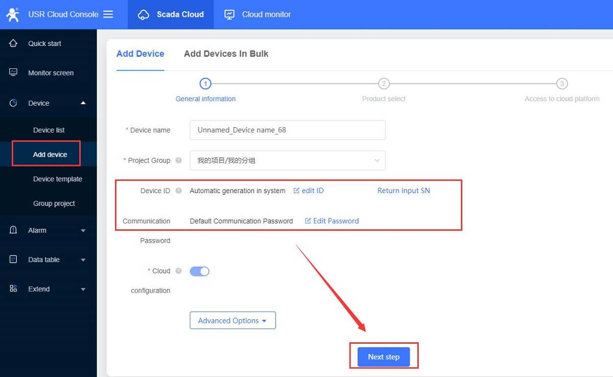 After logging in PUSR-Cloud, add the device