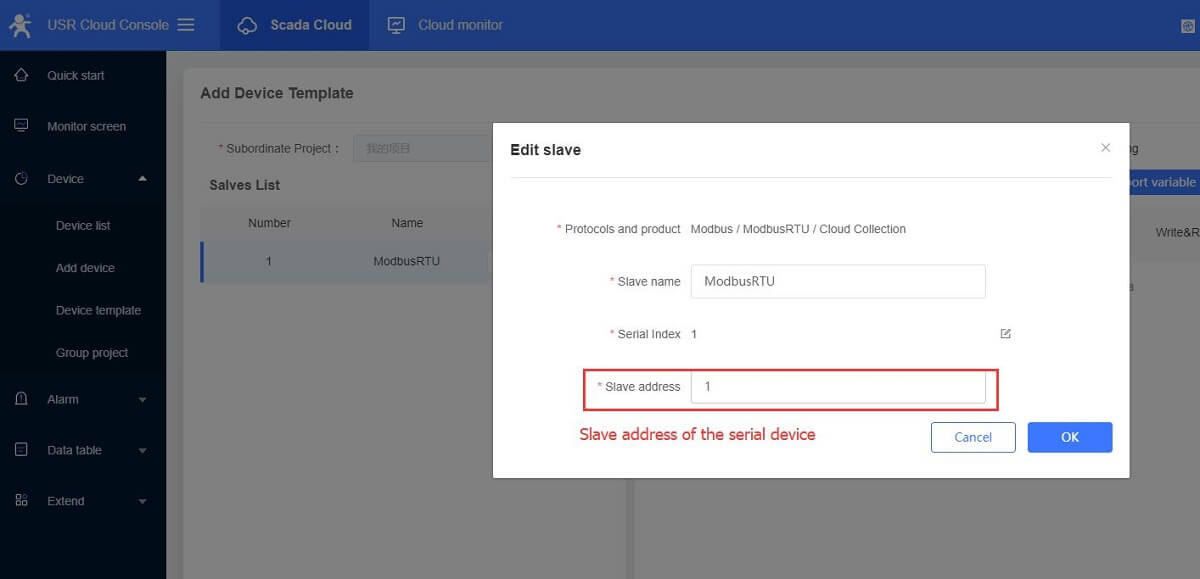 Configure the slave and variables.