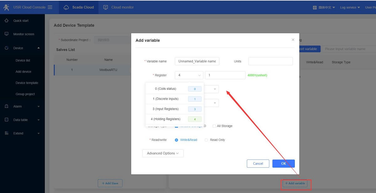 Configure the slave and variables.