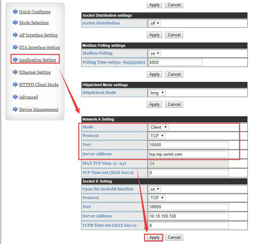 Set the work mode to TCP Client, target IP address and port are: tcp.mp.usriot.com, 15000. After setting all parameters, restart the device.