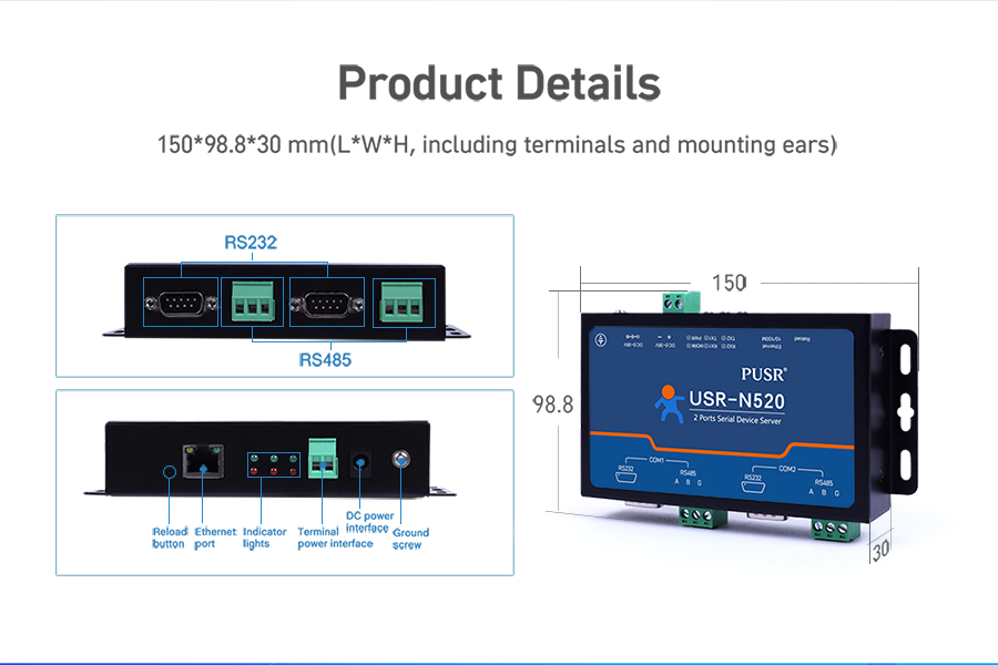 product details of 2 port serial device server usr-n520-h7